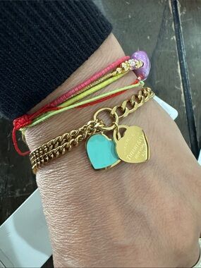 Gold Link Bracelet with Turquoise Enamel Heart Charm